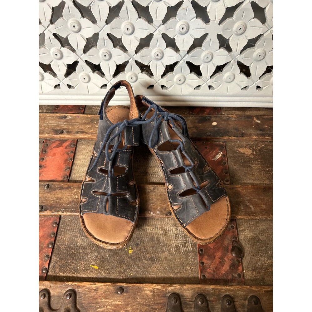 Josef Seibel Womens Navy Blue Leather Lace Up Gladiator Sandals Flat Shoes 6.5